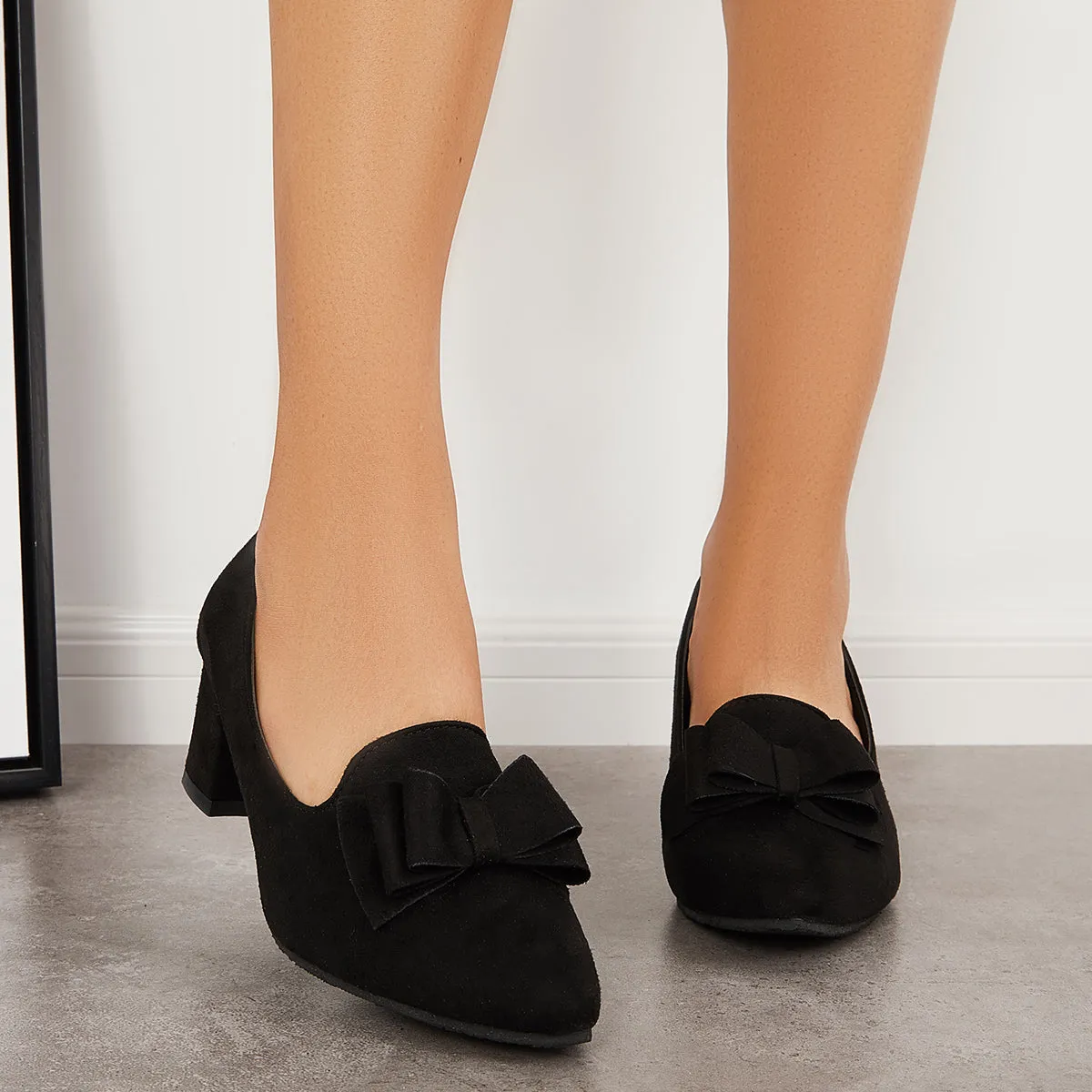 Sohiwoo woman formal Suede Block Heel Pumps Bowknot Round Toe Slip on Dress Shoes