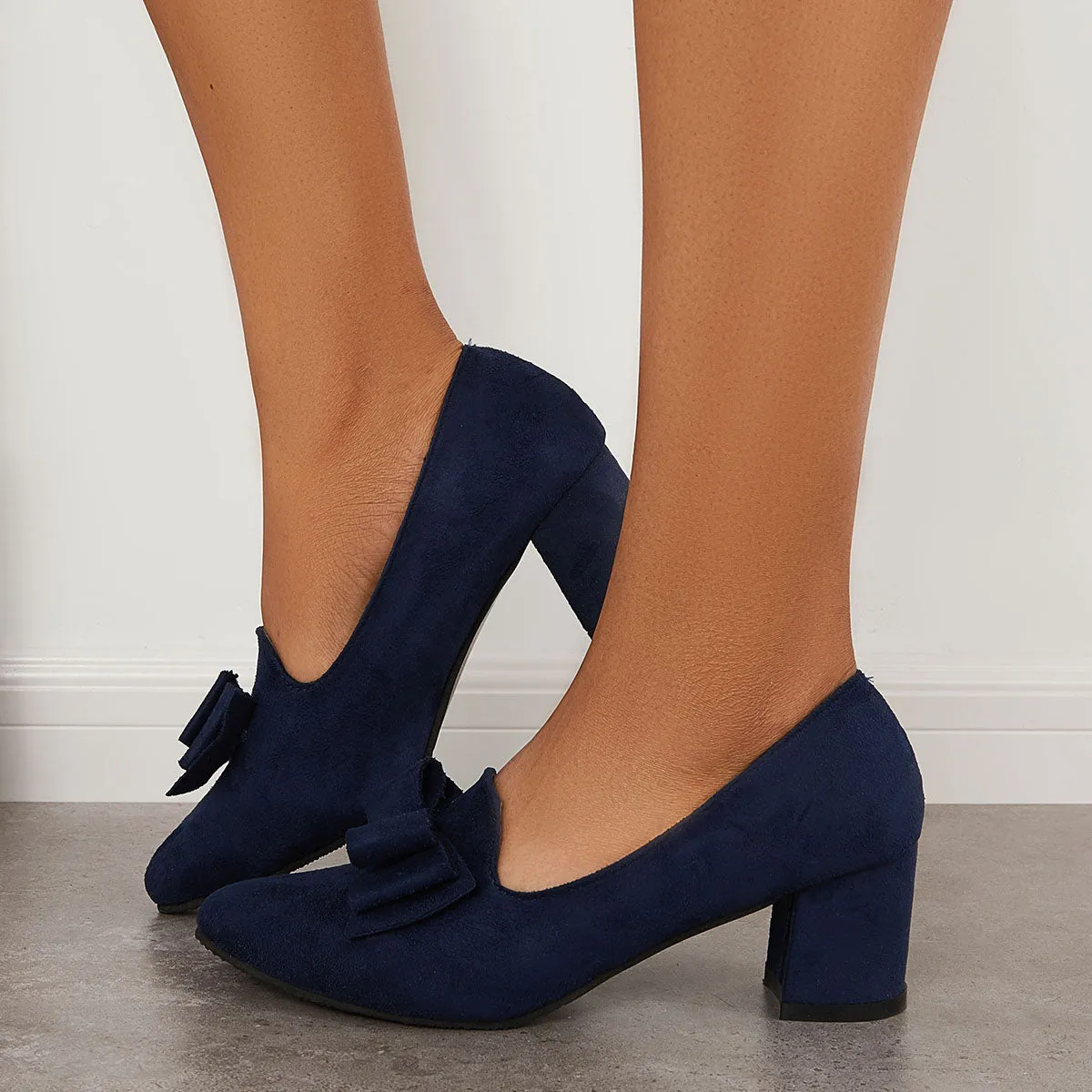 Sohiwoo woman formal Suede Block Heel Pumps Bowknot Round Toe Slip on Dress Shoes