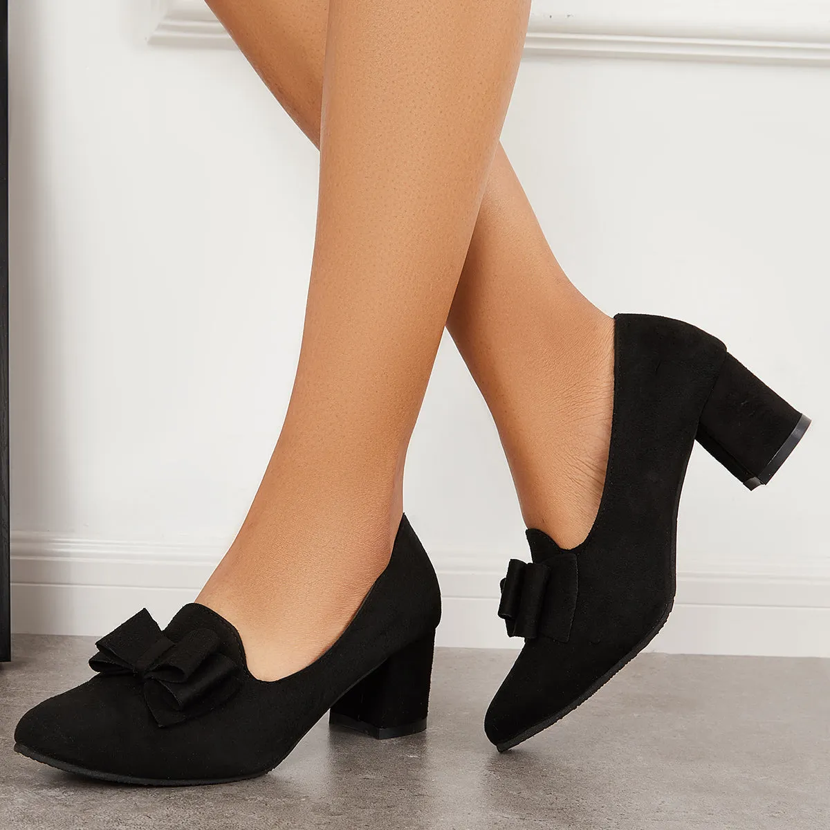 Sohiwoo woman formal Suede Block Heel Pumps Bowknot Round Toe Slip on Dress Shoes