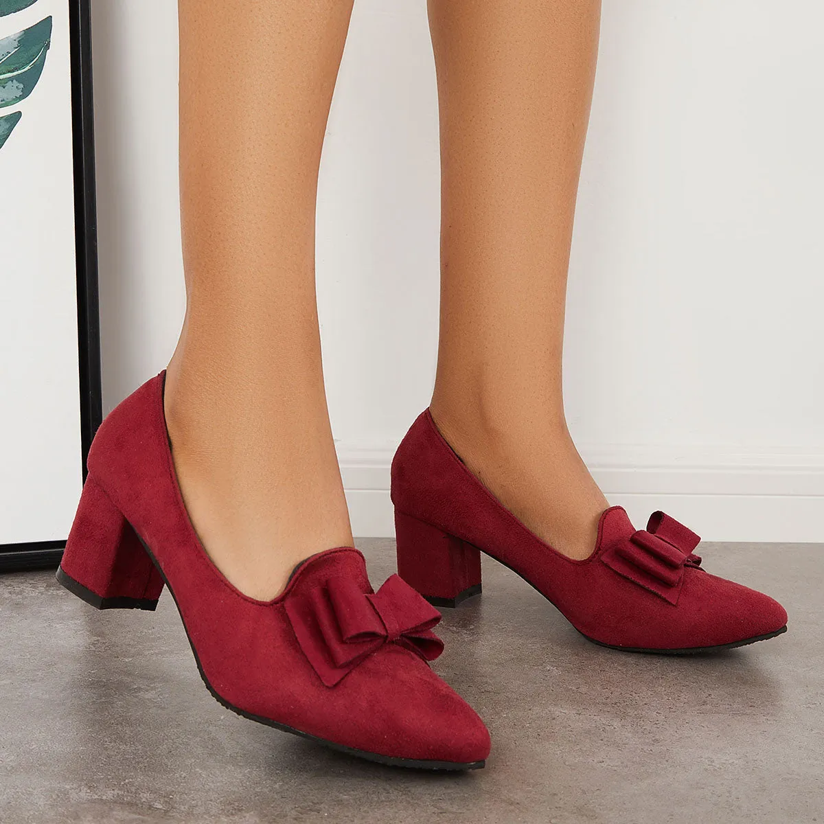 Sohiwoo woman formal Suede Block Heel Pumps Bowknot Round Toe Slip on Dress Shoes
