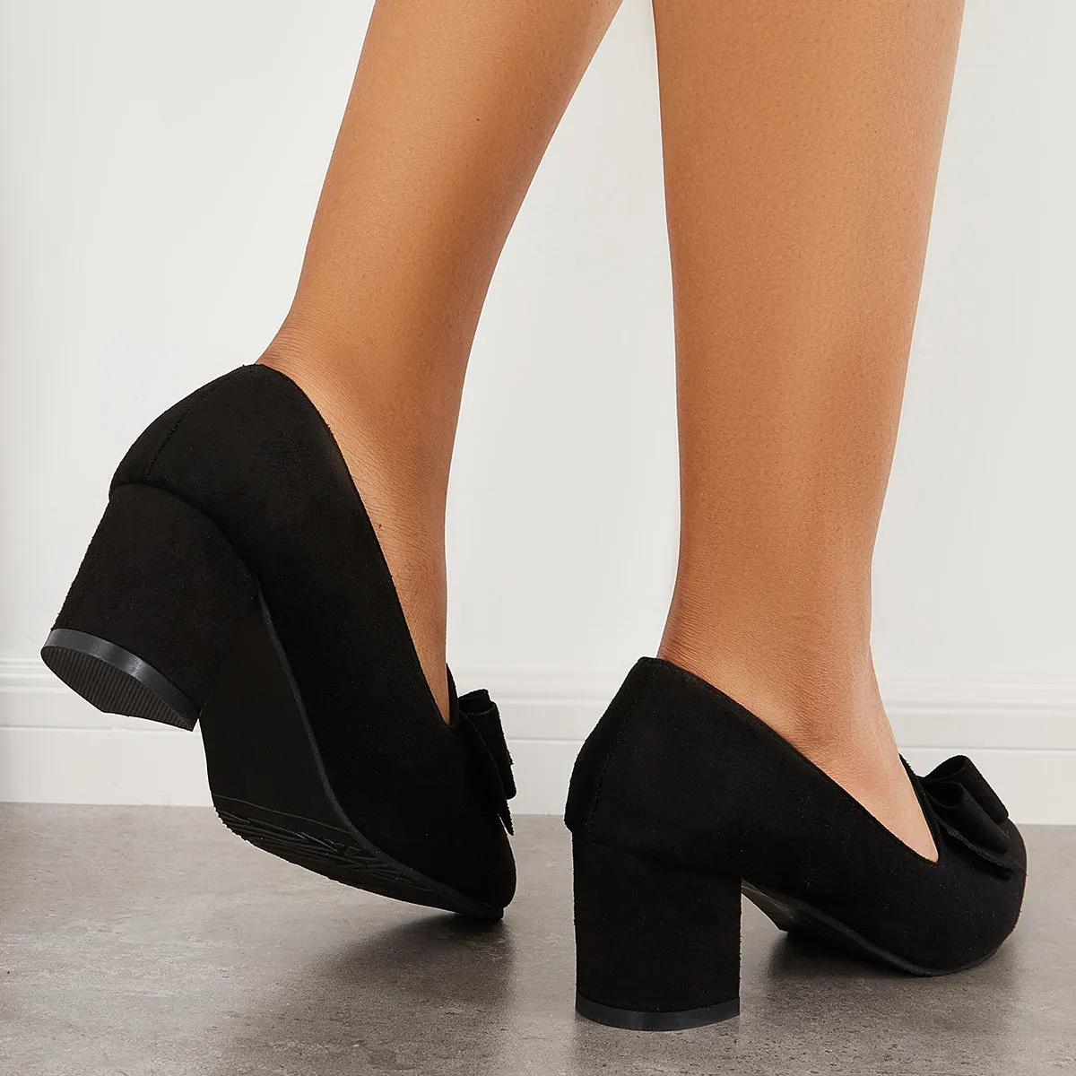Sohiwoo woman formal Suede Block Heel Pumps Bowknot Round Toe Slip on Dress Shoes