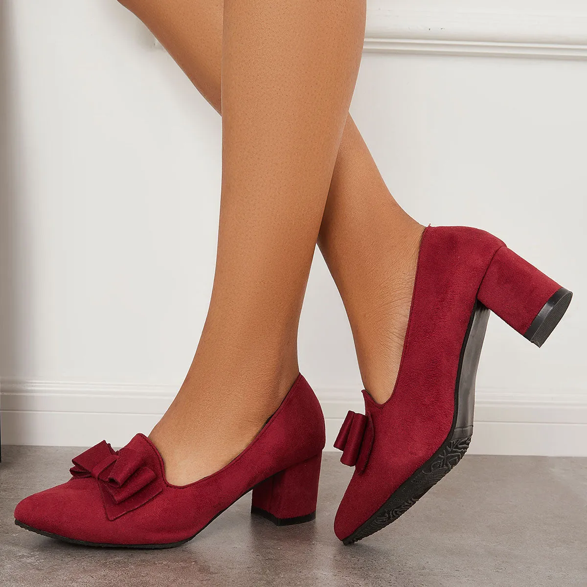 Sohiwoo woman formal Suede Block Heel Pumps Bowknot Round Toe Slip on Dress Shoes