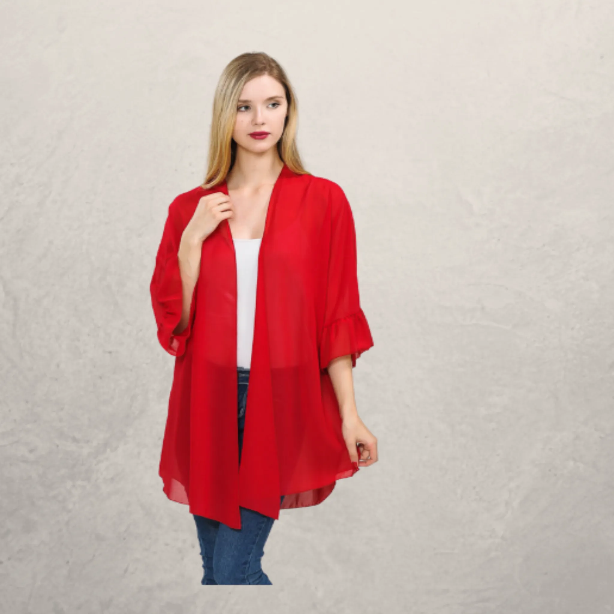 Solid Chiffon Cardigan Kimono Tunic w/ Ruffle Sleeves