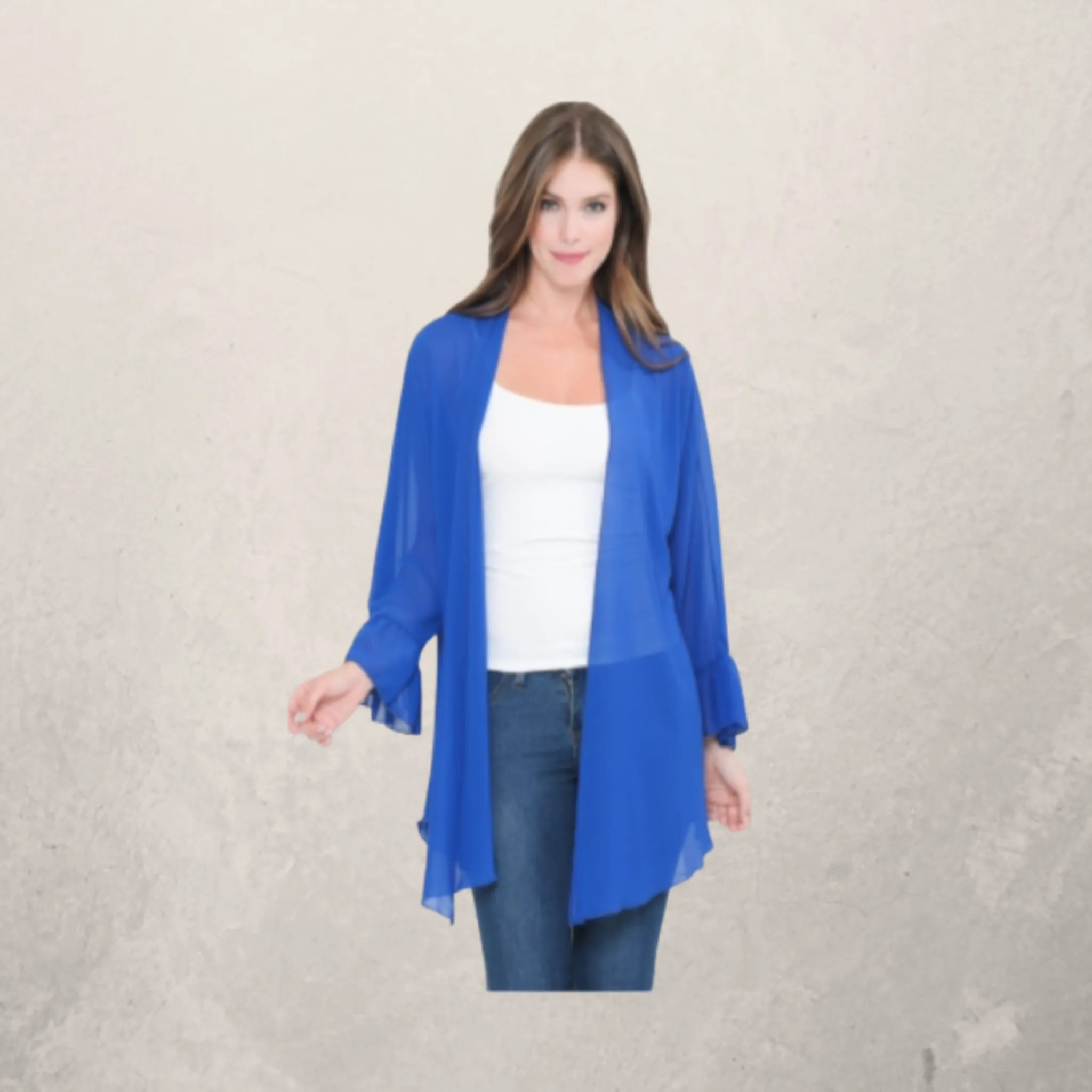 Solid Chiffon Cardigan Kimono Tunic w/ Ruffle Sleeves