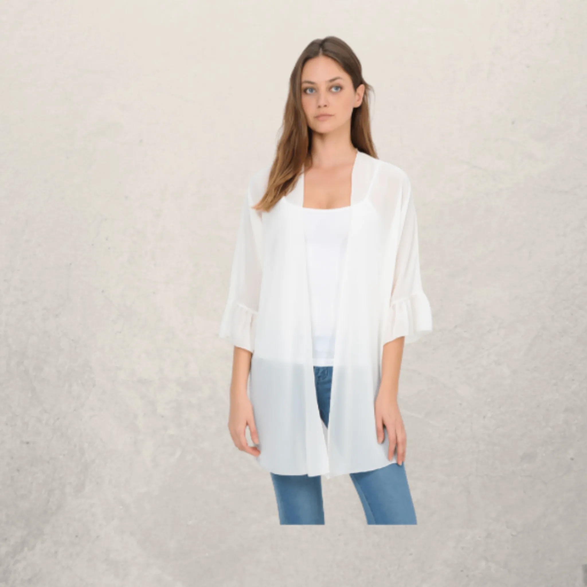 Solid Chiffon Cardigan Kimono Tunic w/ Ruffle Sleeves