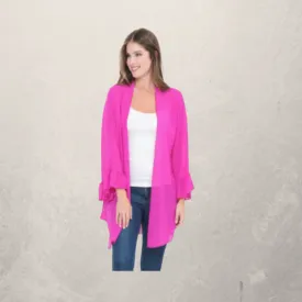 Solid Chiffon Cardigan Kimono Tunic w/ Ruffle Sleeves