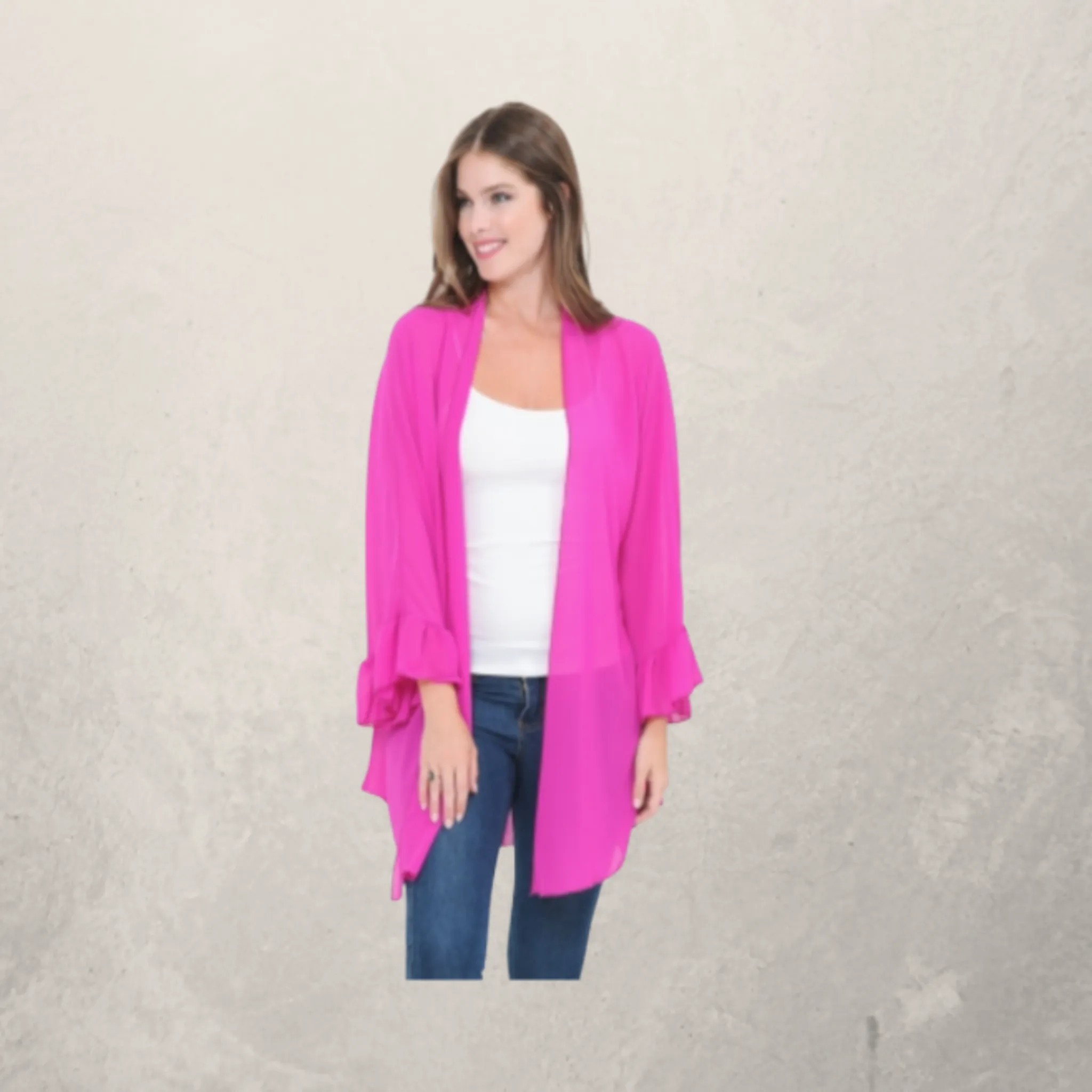 Solid Chiffon Cardigan Kimono Tunic w/ Ruffle Sleeves