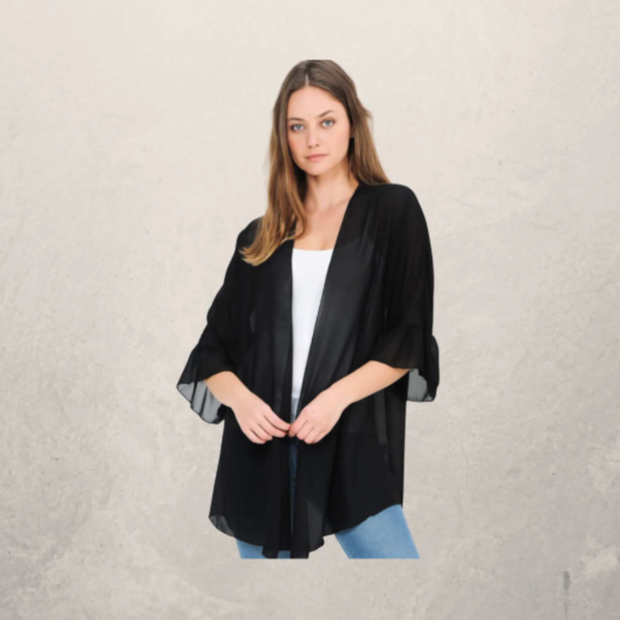 Solid Chiffon Cardigan Kimono Tunic w/ Ruffle Sleeves