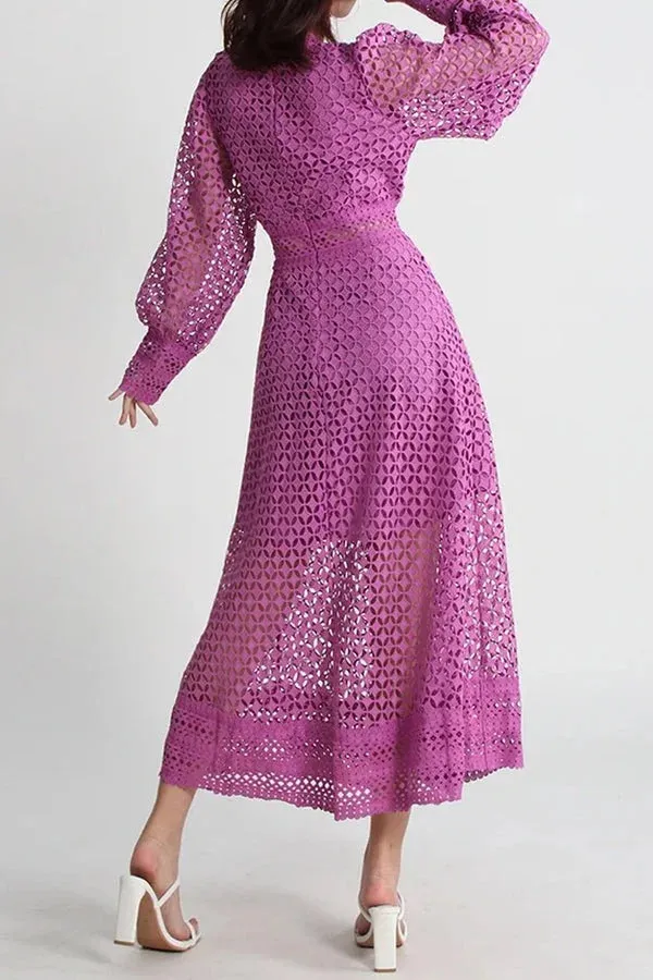 Solid Lace Lantern Sleeve Midi Dress