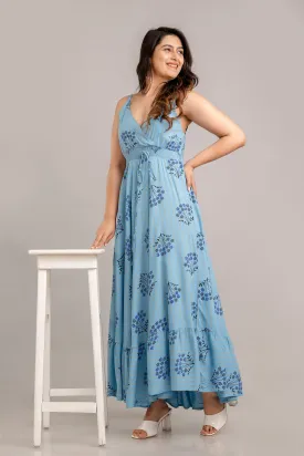 Turquoise Blue Floral Printed Sleeveless Fit and Flare Maxi Dress - SHKUP1366