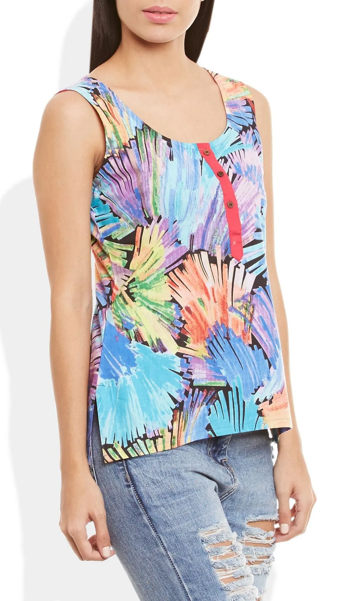 Womens Cotton Printed Short Top Kurti Sleeveless With Contrast Placket And Buttons,3X-Large,W-CST42-3131